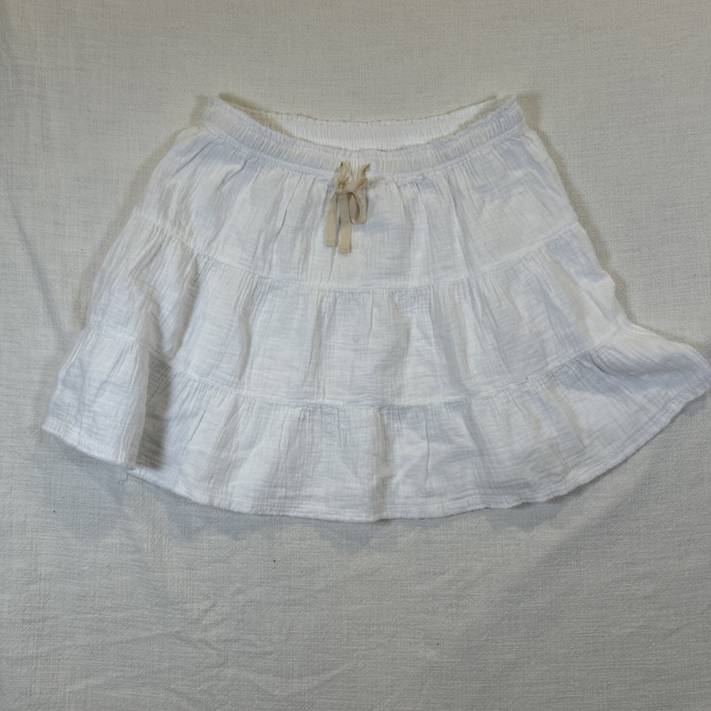Aerie Women's Mini Skit White Gauze Tiered Drawstring Size Medium 100% Cotton